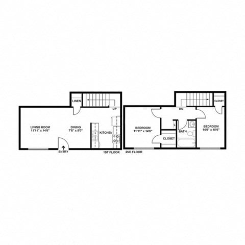 Floor plan for 2 beds, 1 bath, 762 sqft